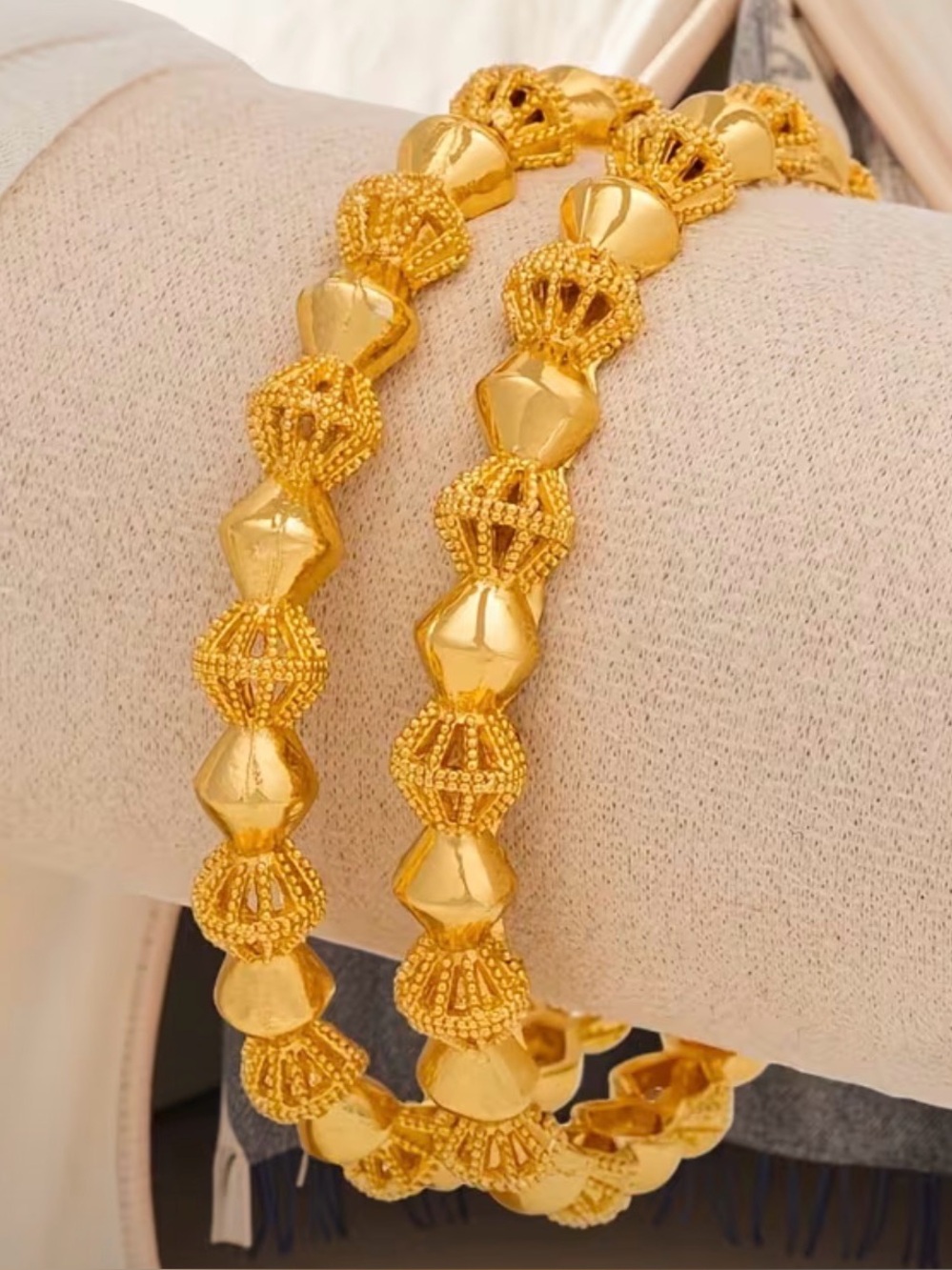 Gold Beaded Geometric Women's Bangle Bracelet tow Elegant Jewelry gold plated